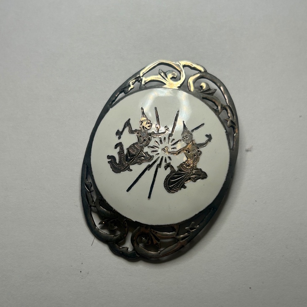 Vintage Siam Sterling Silver White Enamel Mekkala Ramasoon Brooch Pin Thai